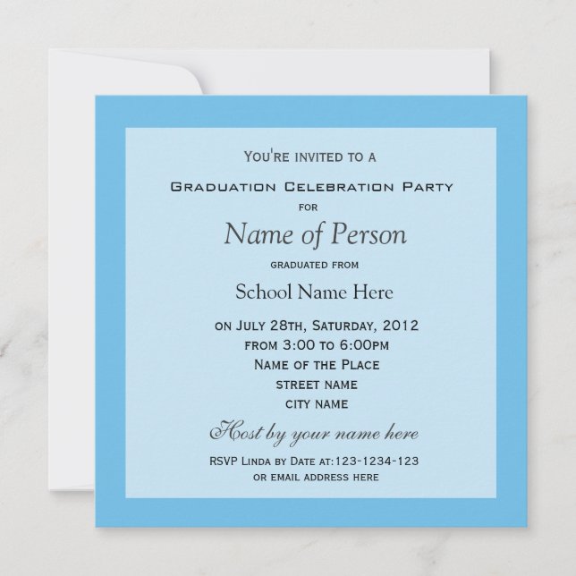 Plain, simple, elegant blue photo graduation invitation (Front)