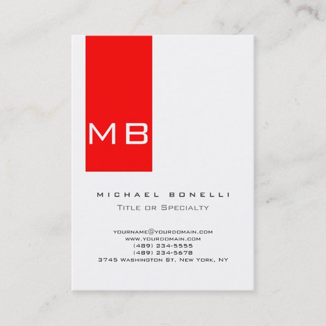 Plain Simple Monogram White Red Business Card (Front)