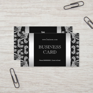 Plain Simple Silver Black Floral Damask 2 Business Card