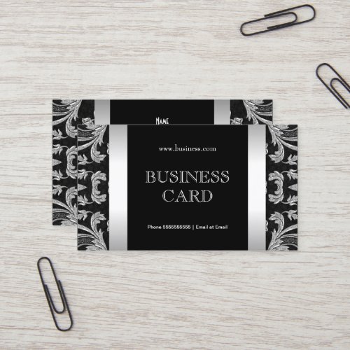 Plain Simple Silver Black Floral Damask 2 Business Card Template