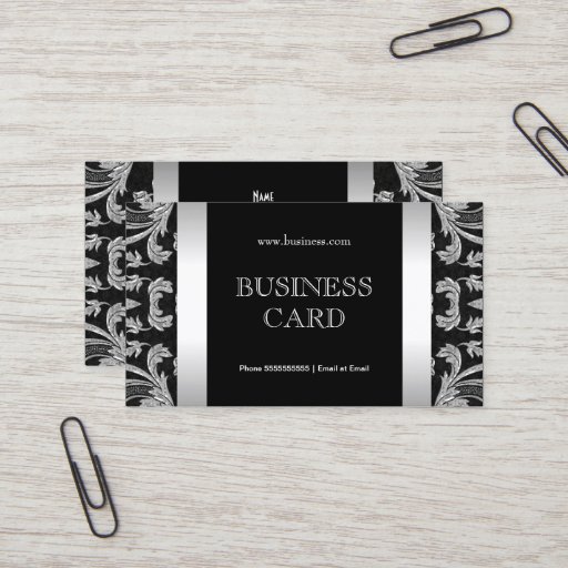 Customizable Plain Simple Silver Black Floral Damask 2 Business Card Template