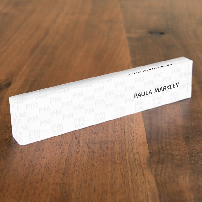 Plain Simple White Gray Modern Monogram Pattern Desk Name Plate (Side)