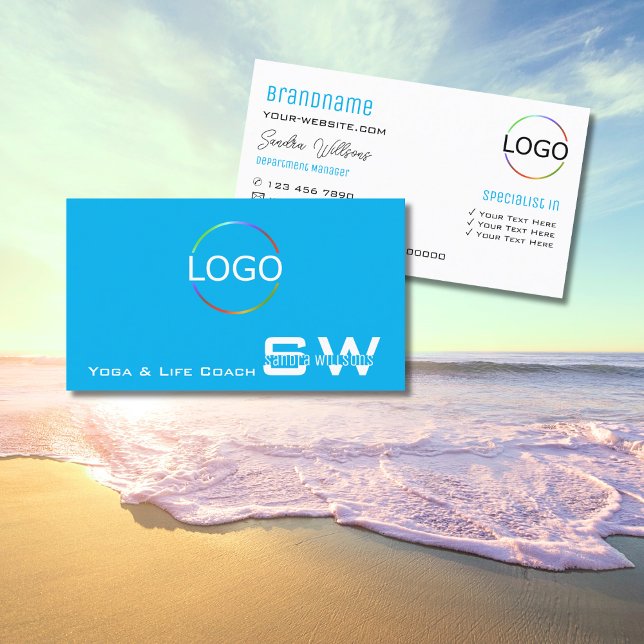 Plain Sky Blue White Chic with Monogram and Logo Business Card (Creator Uploaded)