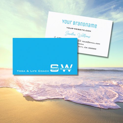Plain Sky Blue White Modern with Monogram Simple Business Card