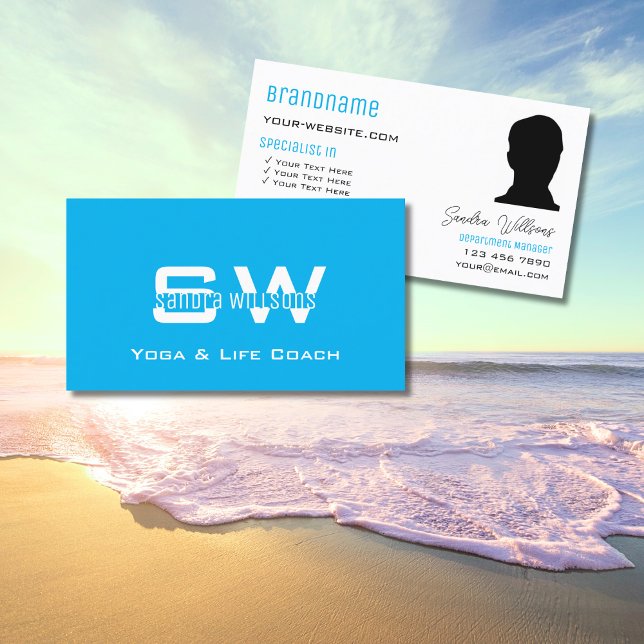 Plain Sky Blue White with Monogram and Photo Business Card (Creator Uploaded)