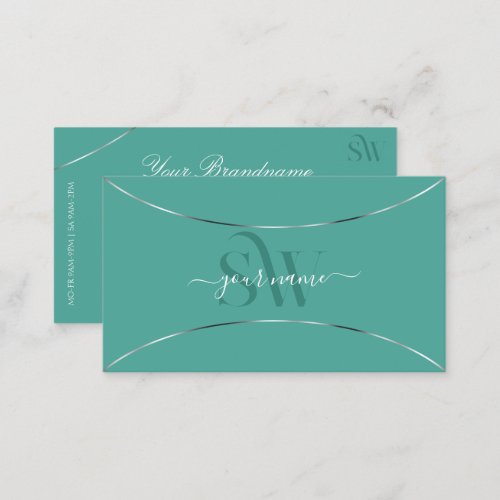 Plain Teal with Silver Decor and Monogram Modern Business Card