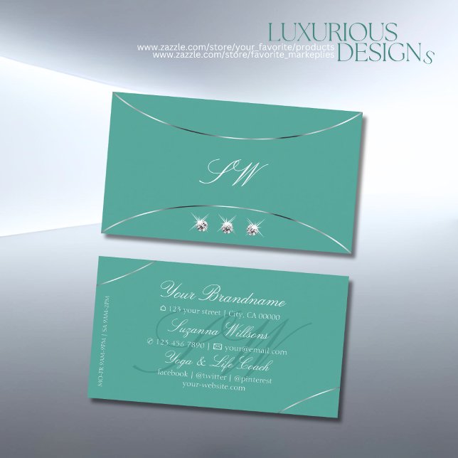 Plain Teal with Silver Decor Diamonds and Monogram Business Card (Creator Uploaded)