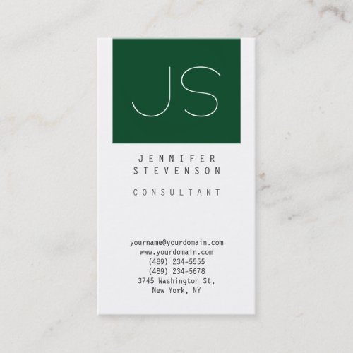 Plain Up Forest Green White Monogram Business Card