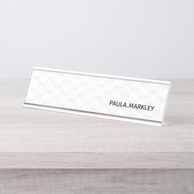 Plain White Gray Simple Modern Monogram Pattern Desk Name Plate (Front)