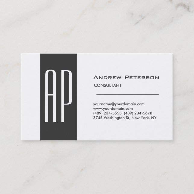 Plain White Gray Stripe Monogram Business Card (Front)