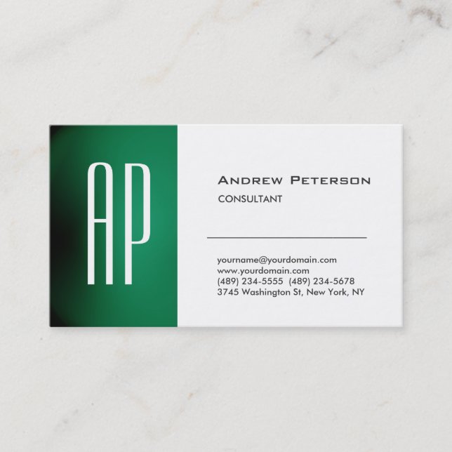 Plain White Green Trendy Monogram Business Card (Front)