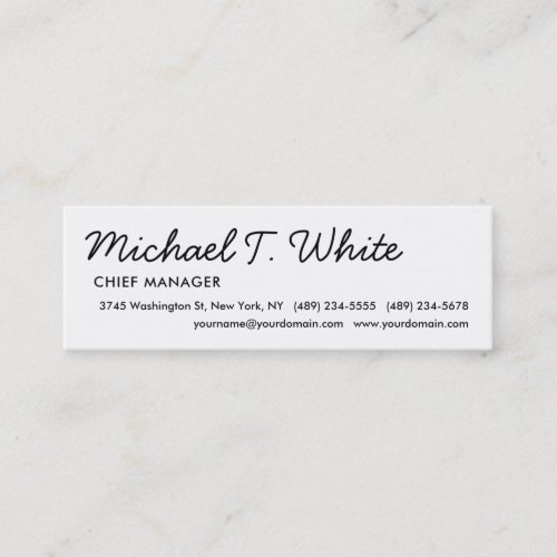 Plain White Modern Script Minimalist Slim Mini Business Card