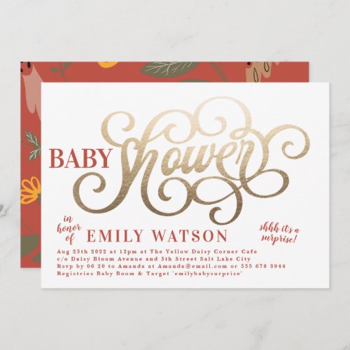 Plain White Rustic Country Gold Foil Baby Shower Invitation