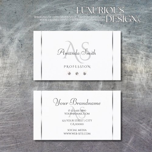 Plain White Silver Decor Sparkle Diamonds Initials Business Card
