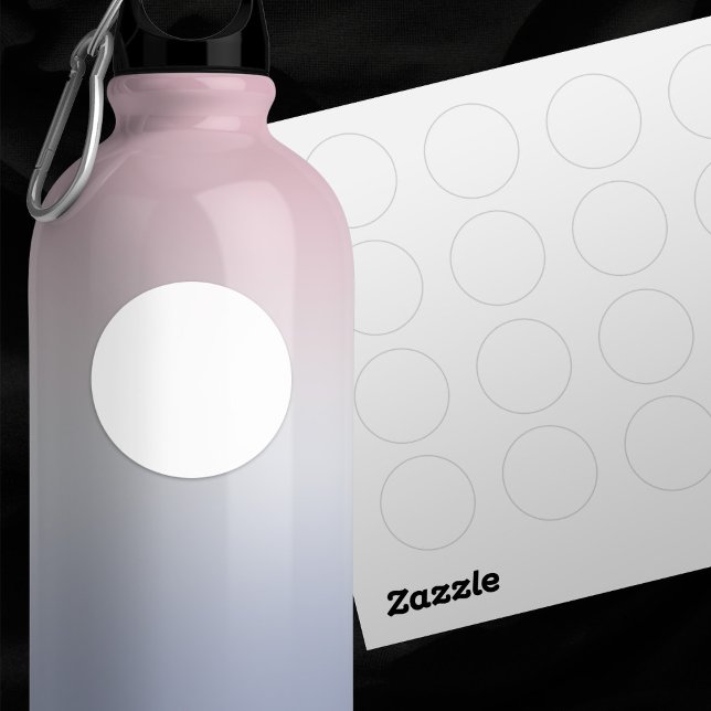 Plain White Small 1.5" Set of 20 Blank Wedding Classic Round Sticker (In Situ of 1.5" plain white round sticker on water bottle, with sheet of stickers in background)