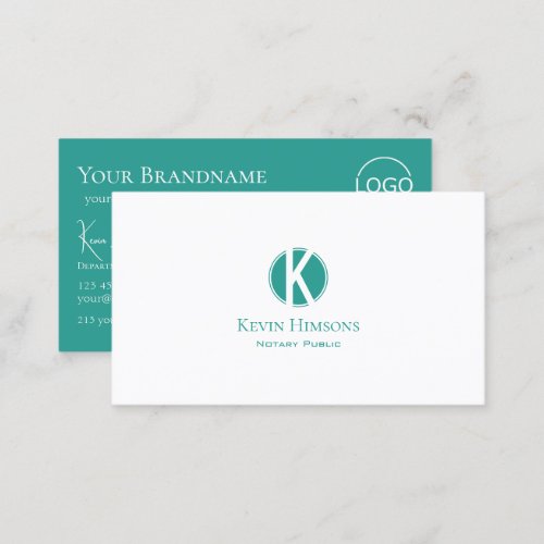 Plain White Teal Circle with Monogram and Logo Business Card
