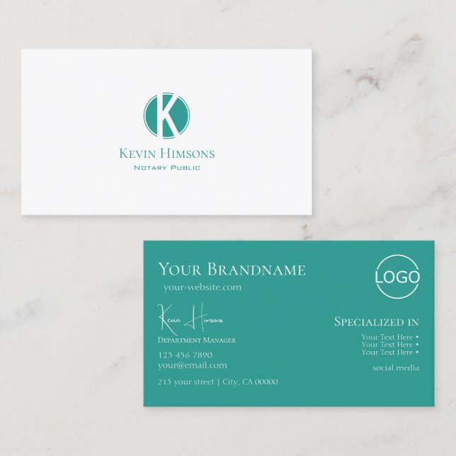 Plain White Teal Circle with Monogram and Logo Business Card (Front/Back)