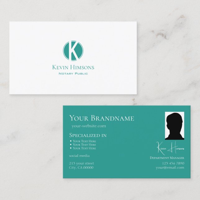 Plain White Teal Circle with Monogram and Photo Business Card (Front/Back)