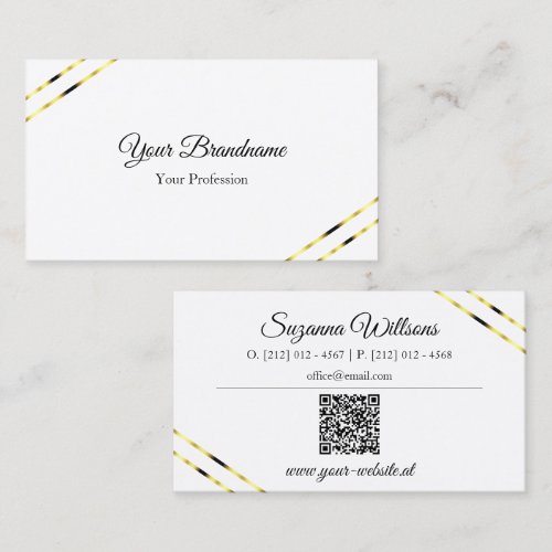 Plain White with Gold Lines and QR Code Elegant Business Card