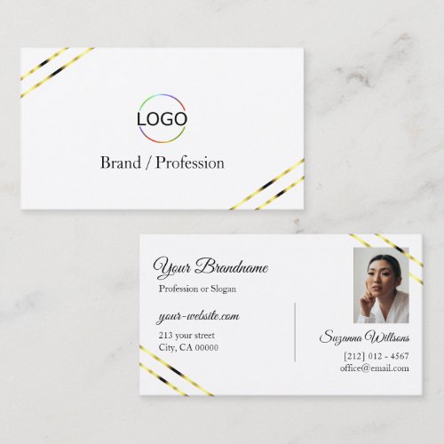 Plain White with Gold Lines Logo and Photo  Business Card