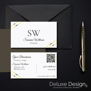 Plain White with Gold Lines Monogram and QR Code Business Card