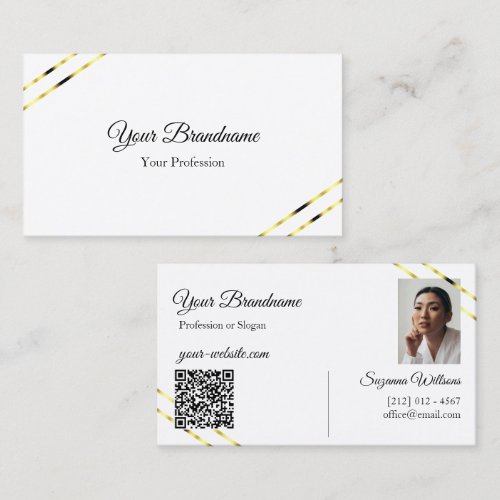 Plain White with Gold Lines Photo and QR Code Business Card