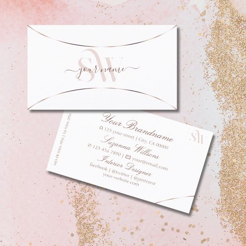 Plain White with Rose Gold Decor and Monogram Chic Business Card