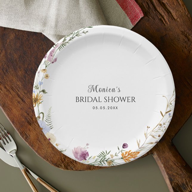 Plain Wildflower Round Foliage Frame Bridal Shower Paper Plates (Creator Uploaded)