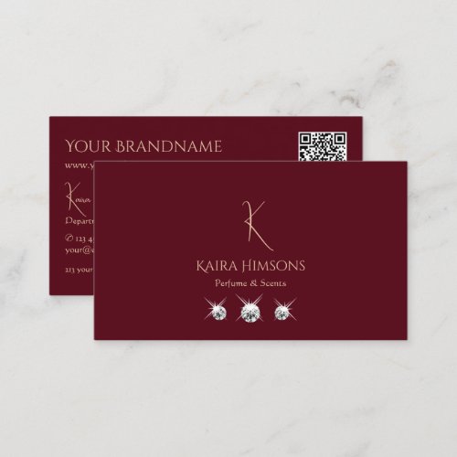 Plain Wine Red with Monogram QR_Code and Jewels Business Card