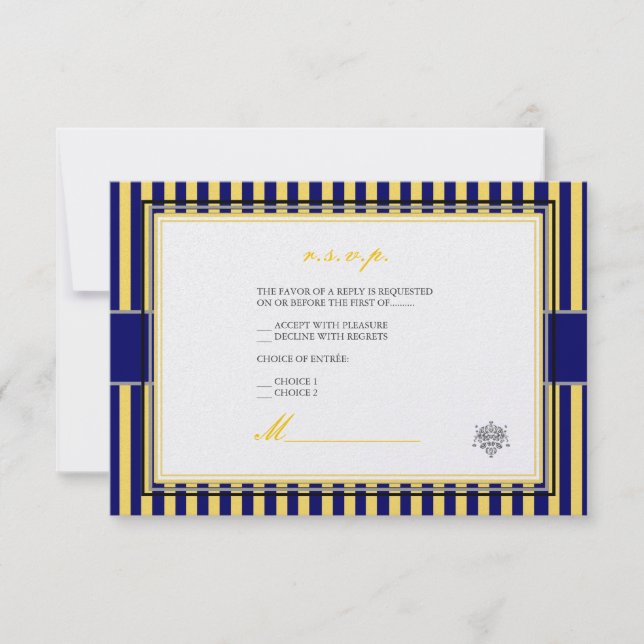 Plain yellow+navy blue stripes rsvp invitations (Front)
