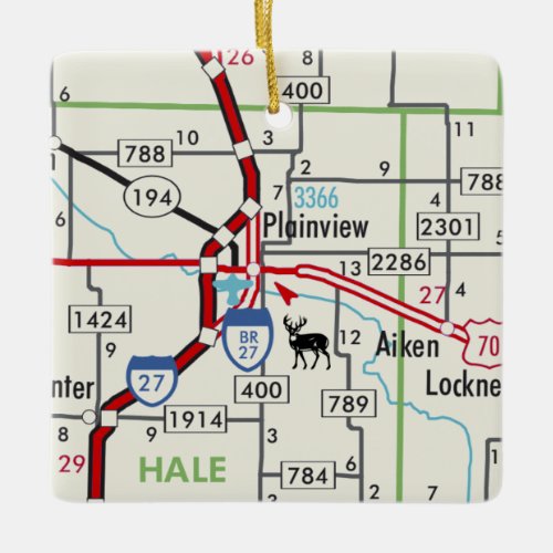 Plainview TX Road Map Ceramic Ornament