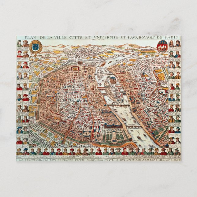 Plan of Paris bordered by a chronological Postcard (Front)