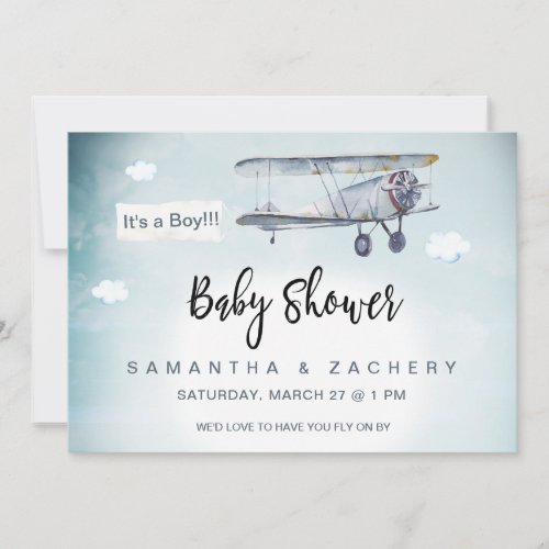 *~* Plane Banner Vintage Clouds Baby Boy Shower Invitation