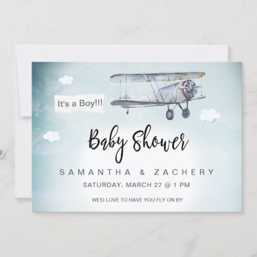 *~* Plane Banner Vintage Clouds Baby Boy Shower Invitation