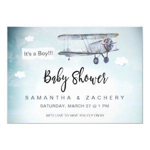 *~* Plane Banner Vintage Clouds Baby Boy Shower Invitation
