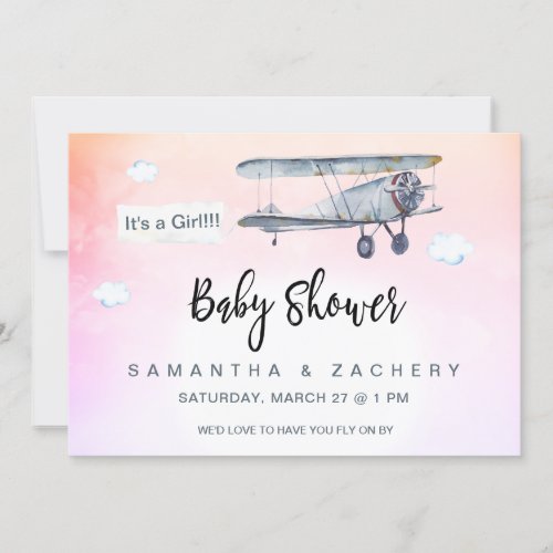 *~* Plane Banner Vintage Clouds Baby Girl Shower Invitation