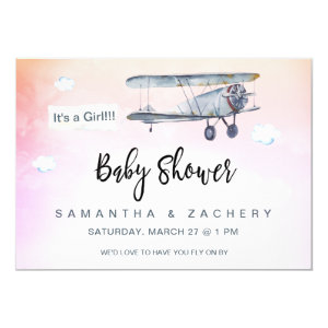 *~* Plane Banner Vintage Clouds Baby Girl Shower Invitation