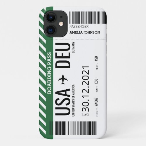 Plane Boarding Ticket Personalize _ EMERALD iPhone 11 Case