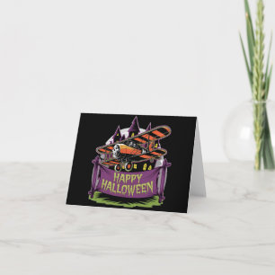 Plane flying over happy halloween banner card
