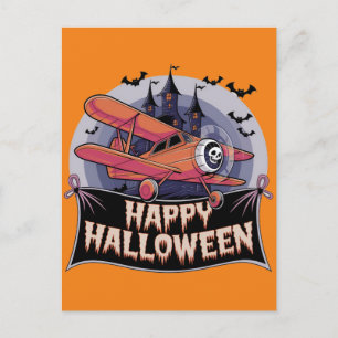 Plane flying over happy halloween banner postcard