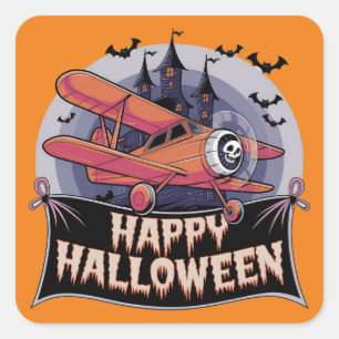 Plane flying over happy halloween banner  square sticker