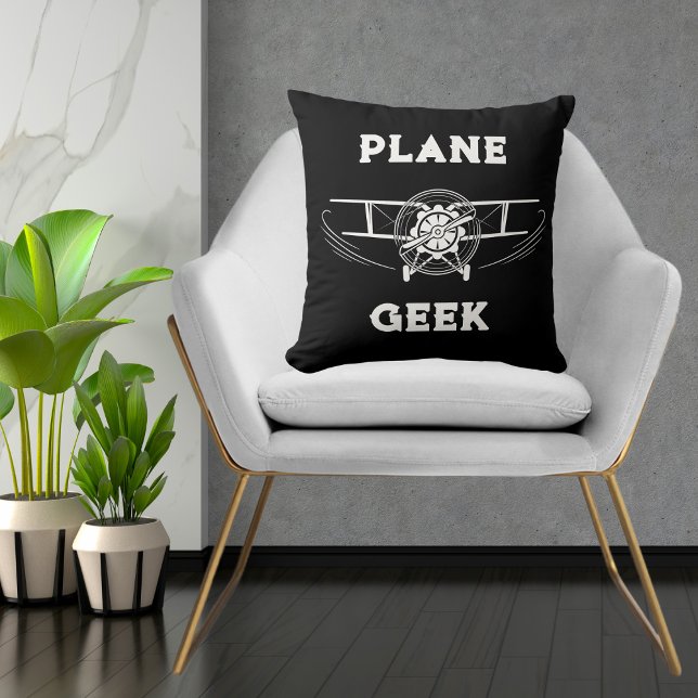 Plane Geek Typography & Airplane,Black,Simple  Throw Pillow (Creator Uploaded)