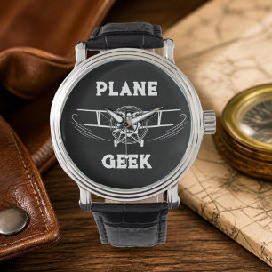Plane GEEK Typography & Airplane,Black,Simple Watch