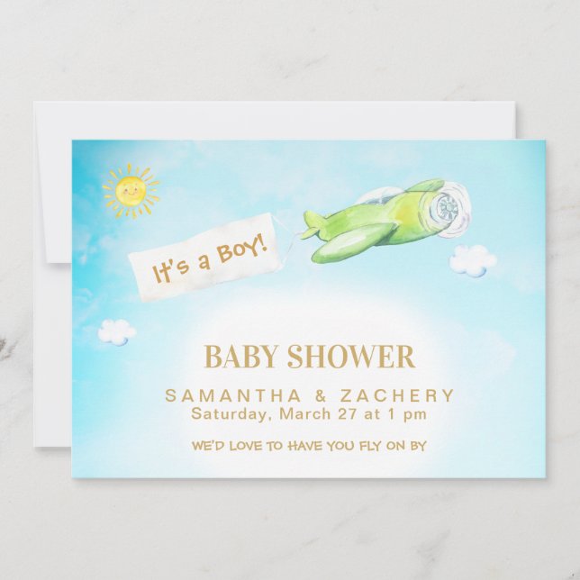*~* Plane in Cloudy Sky Boy Baby Shower Invitation (Front)