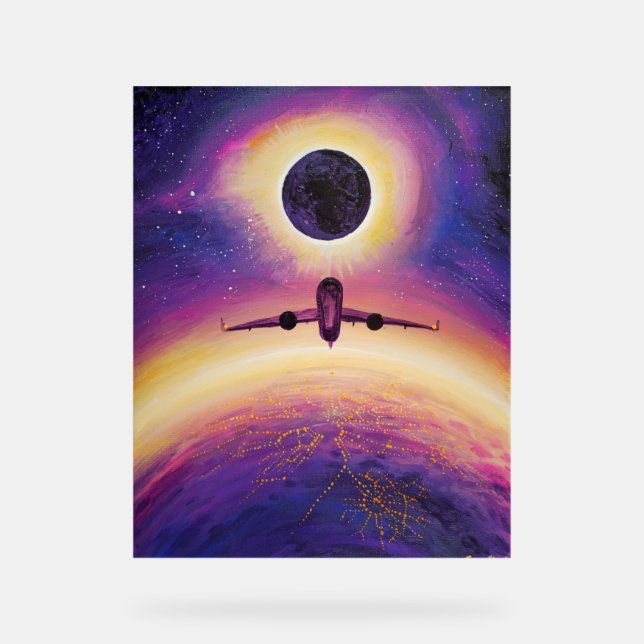 Plane in flight city and eclipse acrylic sign (Front)
