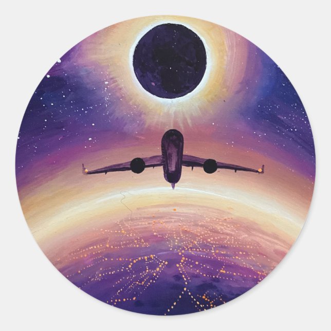 Plane in flight city and eclipse classic round sticker (Front)