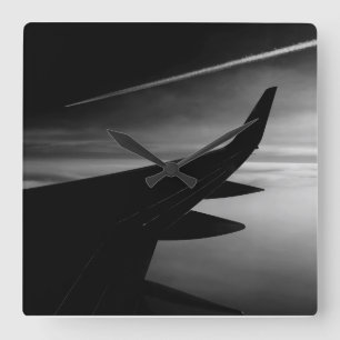 Plane in the Air in Black and White Square Wall Clock