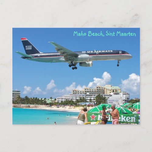 Plane landing over Maho Beach Sint Maarten SXM Postcard