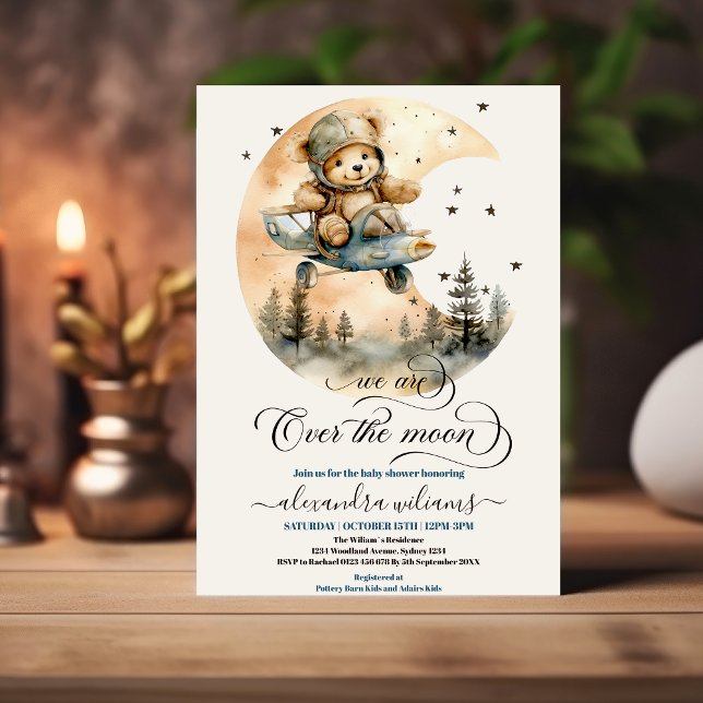 Plane Over the Moon Teddy Bear Baby Shower Invitation (Creator Uploaded)