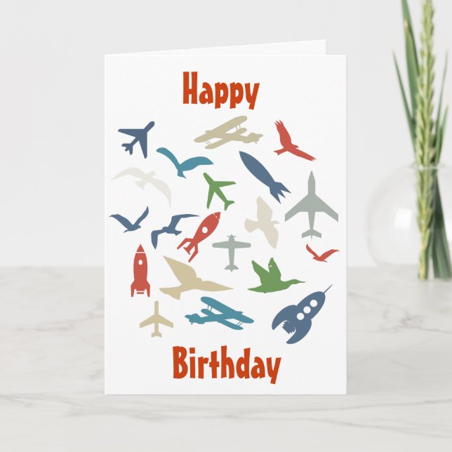 Plane, rockets and birds birthday card (Front)